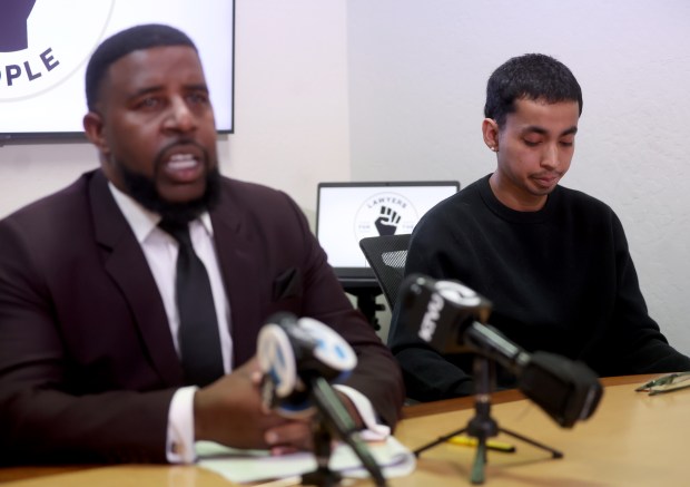 Imer Mendez, son of Jose De Jesus Mendez, listens as attorney Adanté Pointer speaks during a press conference at the Lawyers for the People office in Oakland, Calif., on Tuesday, March 17, 2026. Mendez was shot and killed by Richmond police on Feb. 4, 2025 after holding a knife sheath. (Jane Tyska/Bay Area News Group)