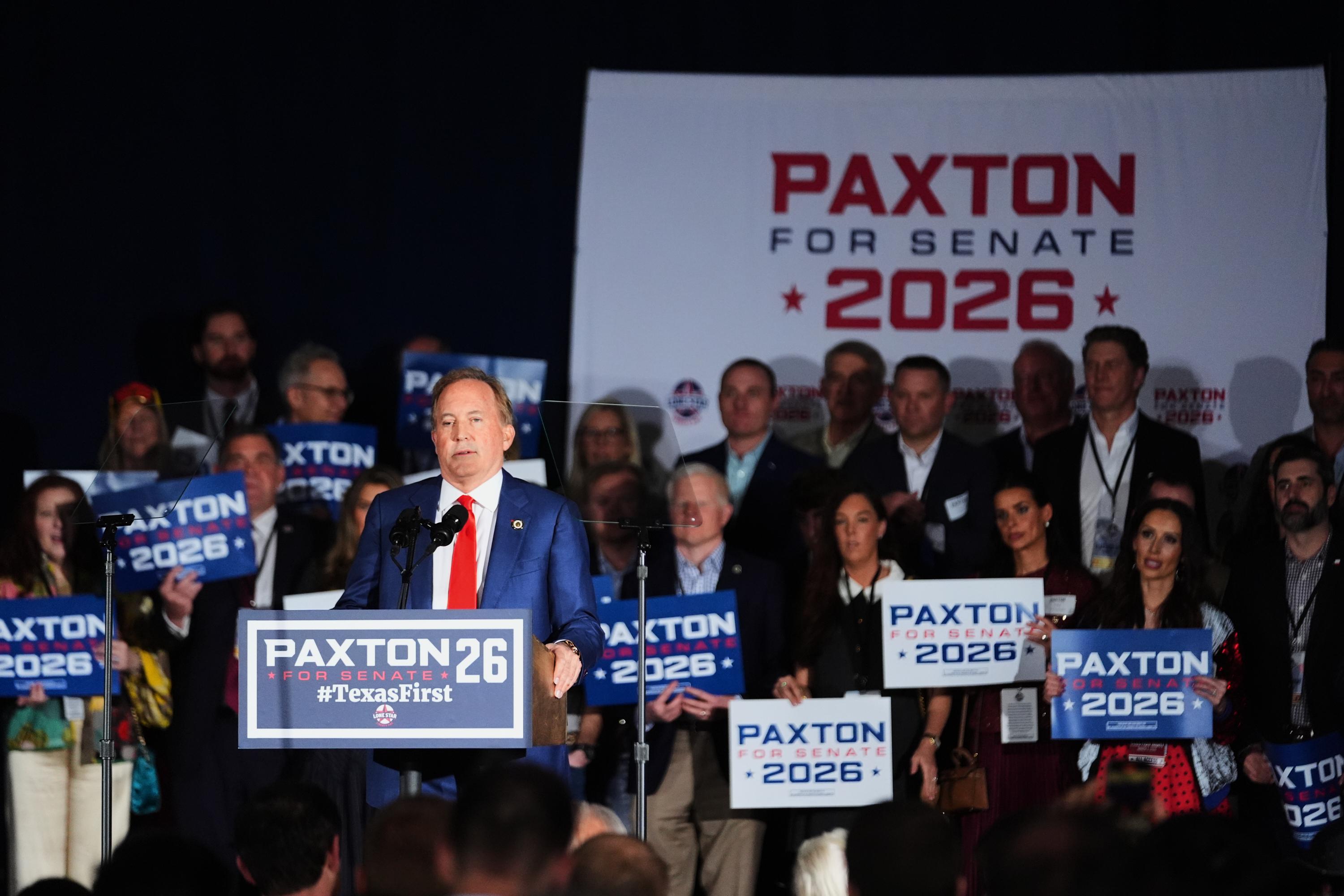 Texas Attorney General Ken Paxton speaks during a primary election night watch party.