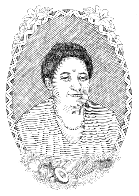 Black and white line drawing of Elena Zelayeta wearing a striped top and necklace, framed by an oval border with flowers and fruit decorations.