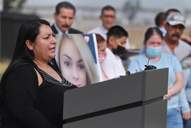 Cinthia Ramos, sister-in-law to Juliana Ramos, speaks to the media Tuesday, Oct. 5, 2021 in Fresno after California Highway Patrol Lt. Austin Matulonis announced the arrest of James Leonard Comazzi, 68, a Sonora man, as a suspect in a fatal hit-and-run that killed Juliana Ramos in February.