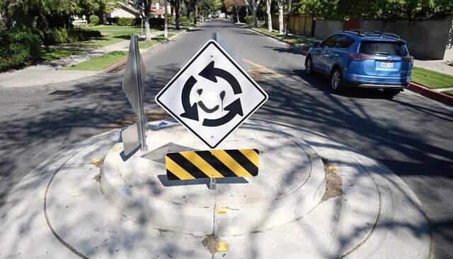 A mini traffic circle is seen along North Echo Avenue south of Fresno High School at Pine Street Thursday, March 12, 2026 in Fresno.