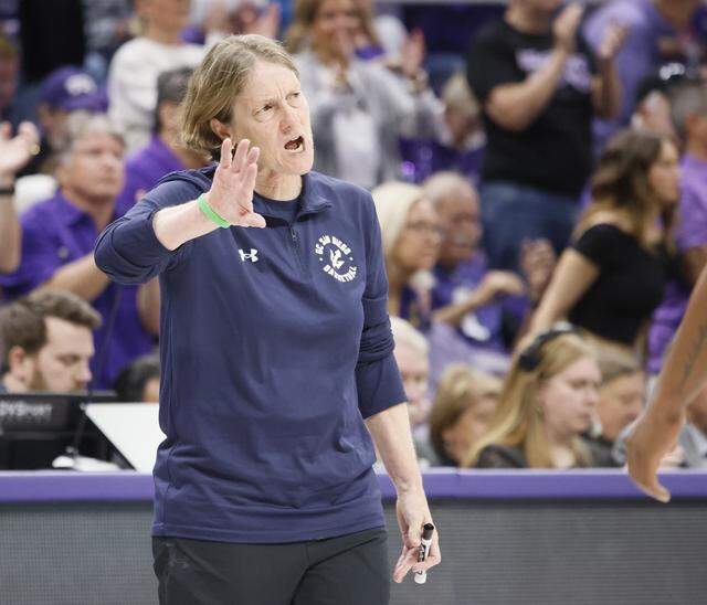 UC San Diego head coach Heidi VanDerveer instructs her defense against TCU during the first half of an NCAA Division I Women's Basketball Championship game at Schollmeier Arena in Fort Worth, Texas, Friday, March, 20, 2026.