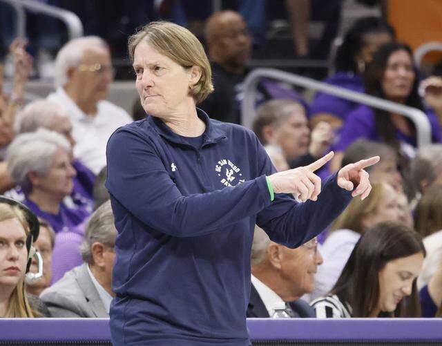 UC San Diego head coach Heidi VanDerveer gestures to the bench against TCU during the second half of an NCAA Division I Women's Basketball Championship game at Schollmeier Arena in Fort Worth, Texas, Friday, March, 20, 2026.