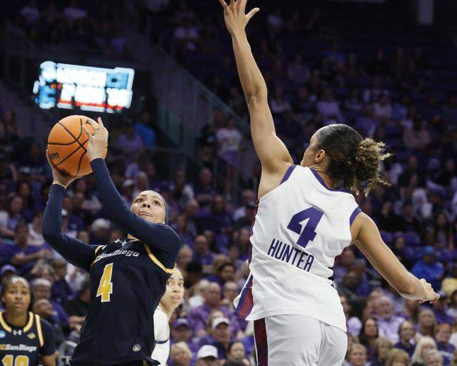 TCU guard Donovyn Hunter (4) blocks the shot of UC San Diego guard Makayla Rose (4) during the second half of an NCAA Division I Women's Basketball Championship game at Schollmeier Arena in Fort Worth, Texas, Friday, March, 20, 2026.