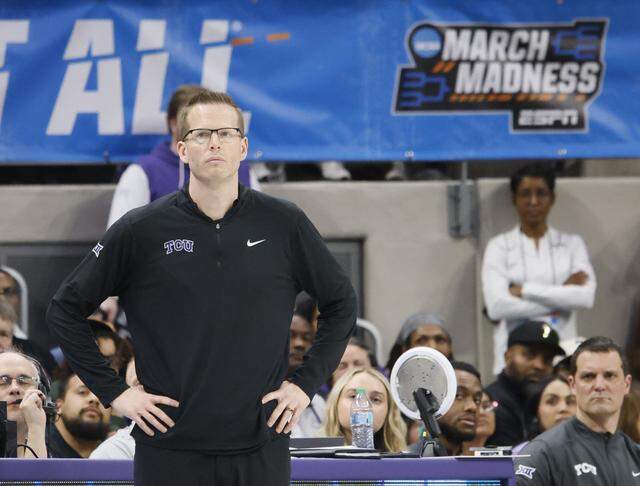 TCU head coach Mark Campbell watches his offense against UC San Diego during the second half of an NCAA Division I Women's Basketball Championship game at Schollmeier Arena in Fort Worth, Texas, Friday, March, 20, 2026.