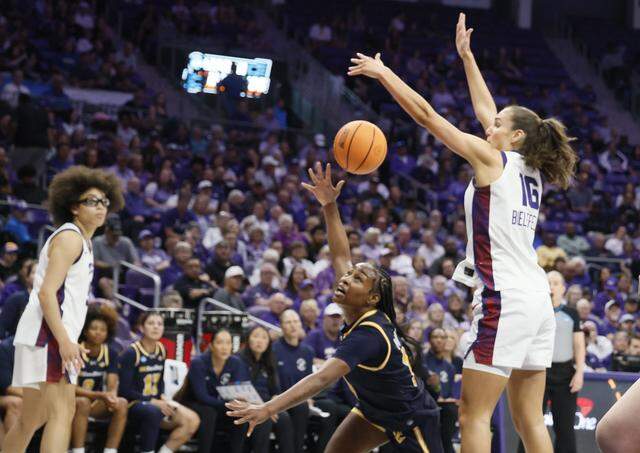 TCU guard Clara Bielefeld (16) blocks the shot of UC San Diego guard Dymonique Maxie (10) during the second half of an NCAA Division I Women's Basketball Championship game at Schollmeier Arena in Fort Worth, Texas, Friday, March, 20, 2026.