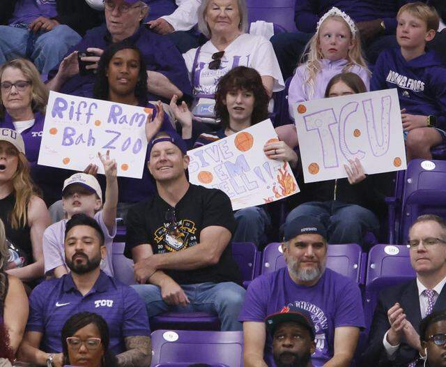 Fans supported their Horned Frogs against UC San Diego during the second half of an NCAA Division I Women's Basketball Championship game at Schollmeier Arena in Fort Worth, Texas, Friday, March, 20, 2026.