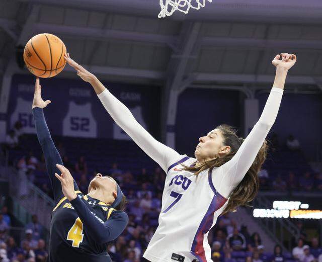 TCU forward Marta Suarez (7) denies UC San Diego guard Makayla Rose (4) during the second half of an NCAA Division I Women's Basketball Championship game at Schollmeier Arena in Fort Worth, Texas, Friday, March, 20, 2026.