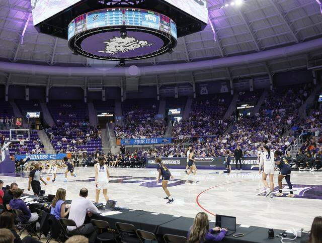 TCU guard Taylor Bigby (1) brings the ball down court against UC San Diego during the second half of an NCAA Division I Women's Basketball Championship game at Schollmeier Arena in Fort Worth, Texas, Friday, March, 20, 2026.