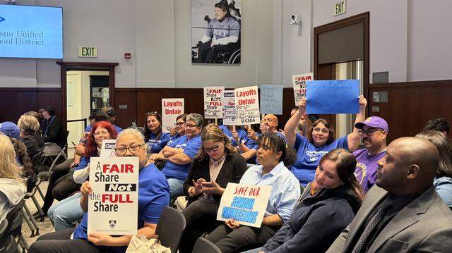 Fresno Unified employees packed the board room on Feb. 25 to oppose the layoff plan. Fresno Unified employees packed the board room on Feb. 25 to oppose the layoff plan.