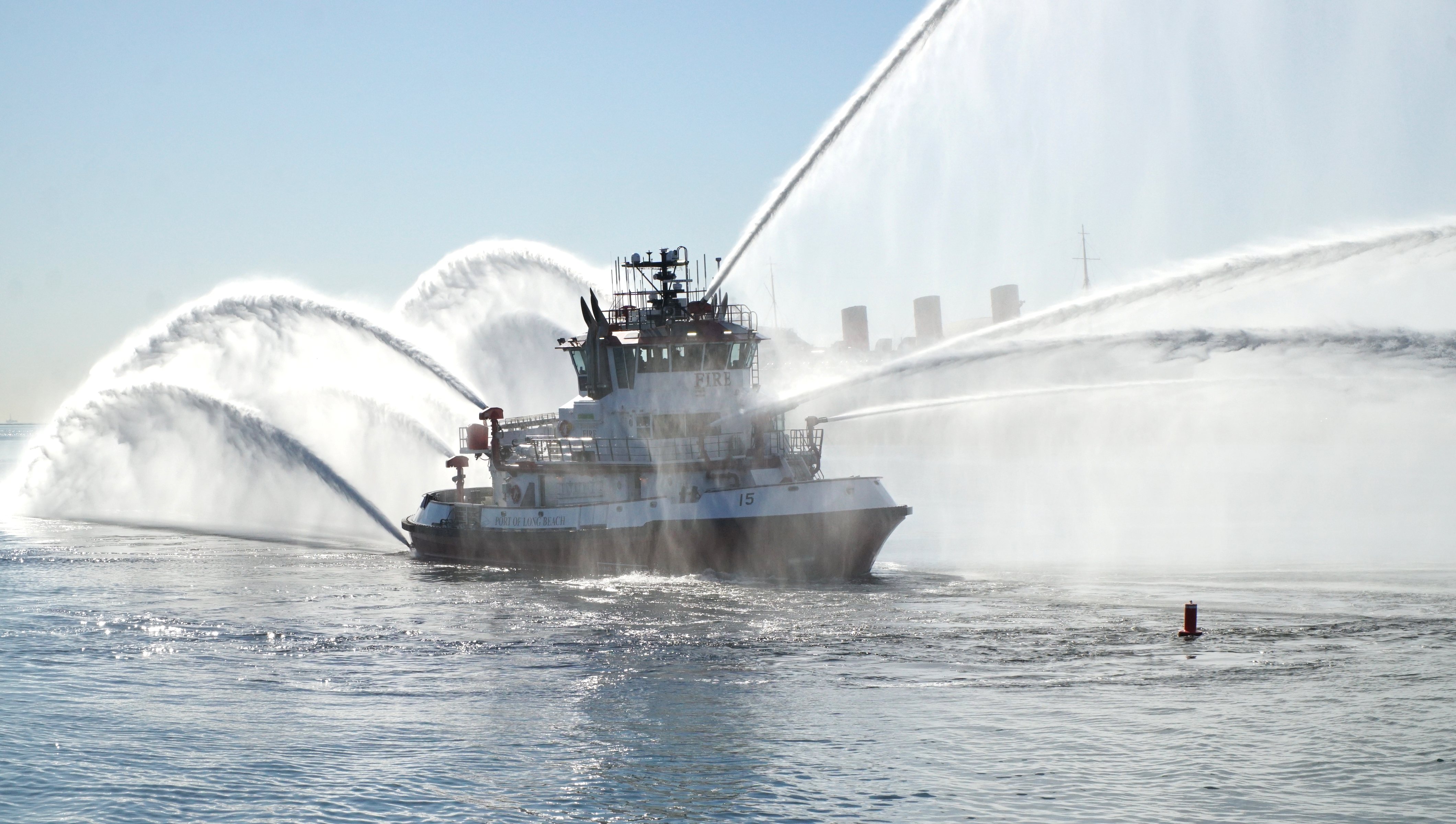 A Long Beach Fire Department fireboat launches a ceremonial water...
