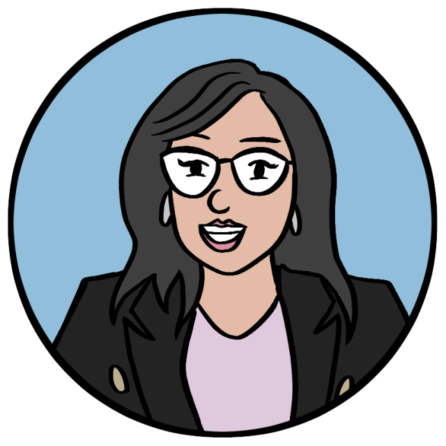 Illustration of a woman with long dark hair, glasses, and earrings, wearing a black blazer and light purple top, shown inside a blue circular frame.