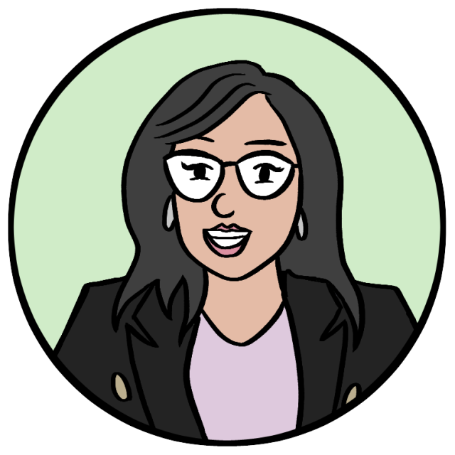 Illustration of a woman with long dark hair, glasses, and hoop earrings, wearing a black blazer over a light shirt, set against a light green circular background.