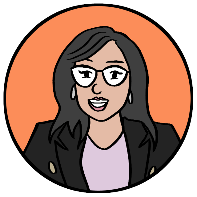Illustration of a woman with long dark hair, glasses, and earrings, wearing a black blazer and light top, shown in a circular orange background.