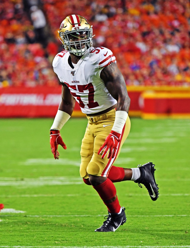 Linebacker Dre Greenlaw of the San Francisco 49ers ready on defense.