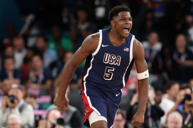 Anthony Edwards of Team USA reacts after a dunk during the men's gold medal game between Team France and Team United States at the Paris Summer Olympics at Bercy Arena on Aug. 10, 2024 in Paris, France. (Photo by Michael Reaves/Getty Images)