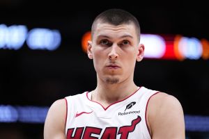 MIAMI, FLORIDA - APRIL 26: Tyler Herro #14 of the Miami Heat looks on against the Cleveland Cavaliers during the fourth quarter in Game Three of the Eastern Conference First Round NBA Playoffs at Kaseya Center on April 26, 2025 in Miami, Florida. NOTE TO USER: User expressly acknowledges and agrees that, by downloading and or using this photograph, User is consenting to the terms and conditions of the Getty Images License Agreement. (Photo by Rich Storry/Getty Images)