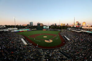 SACRAMENTO, CALIFORNIA - MAY 06: A general view of the Athletics playing against the Seattle Mariners at Sutter Health Park on May 06, 2025 in Sacramento, California. (Photo by Ezra Shaw/Getty Images)
