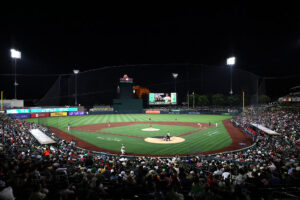 SACRAMENTO, CALIFORNIA - MAY 21: A general view of Sutter Health Park as the Athletics take on the Los Angeles Angels during the sixth inning on May 21, 2025 in Sacramento, California. (Photo by Scott Marshall/Getty Images)