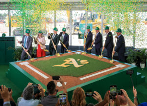 LAS VEGAS, NEVADA - JUNE 23: (L-R) Assembly Speaker Steve Yeager (D-Las Vegas), U.S. Rep. Dina Titus (D-NV), President Marc Badain of the Athletics, Major League Baseball Commissioner Rob Manfred, principal owner John Fisher of the Athletics, Nevada Gov. Joe Lombardo, Las Vegas Convention and Visitors Authority President and CEO Steve Hill and Clark County (Nev.) Commission Chairman Jim Gibson participate in a ceremonial groundbreaking for the USD 1.75 billion, 33,000-seat domed stadium for MLB's Athletics on June 23, 2025 in Las Vegas, Nevada. The ballpark is being built on nine acres of the 35-acre former site of the Tropicana Las Vegas, which was imploded in October 2024. The A's expect to have the ballpark ready for Opening Day in 2028. (Photo by Ethan Miller/Getty Images)