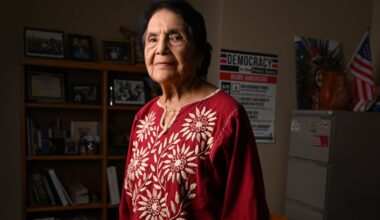 Dolores Huerta in her office in Bakersfield, California, on July 21, 2025.