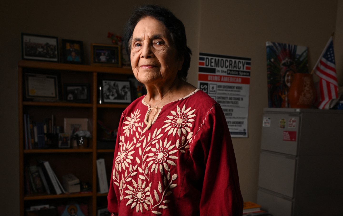 Dolores Huerta in her office in Bakersfield, California, on July 21, 2025.