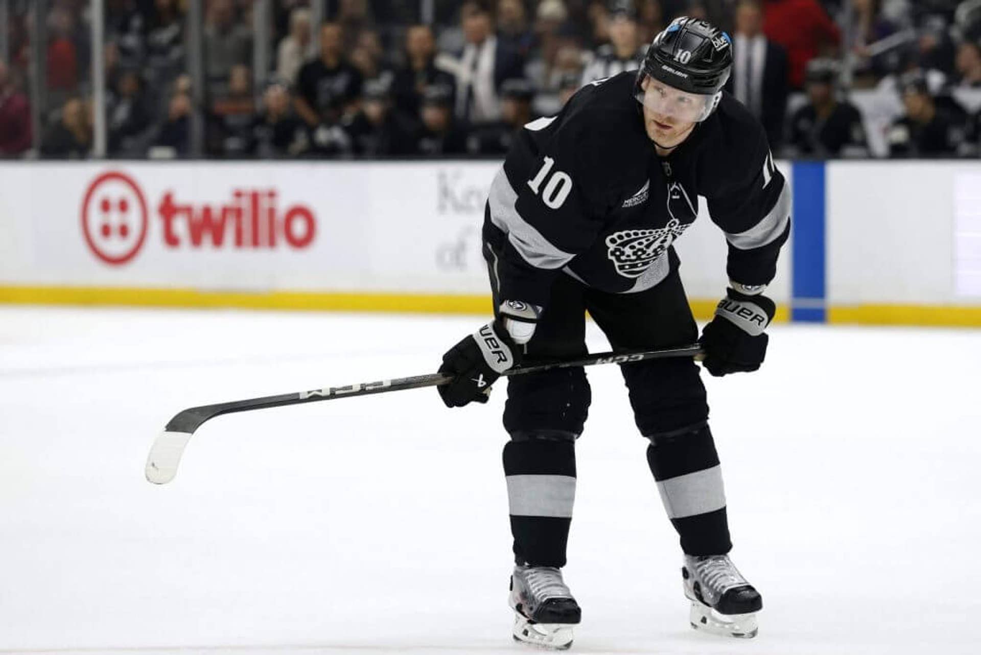 Corey Perry of the Los Angeles Kings waits for a faceoff.