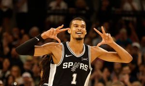 SAN ANTONIO, TX -MARCH 5: Victor Wembanyama #1 of the San Antonio Spurs reacts after making a three-point shot against the Detroit Pistons in the first half at Frost Bank Center on March 5, 2026 in San Antonio, Texas. NOTE TO USER: User expressly acknowledges and agrees that, by downloading and or using this photograph, User is consenting to terms and conditions of the Getty Images License Agreement. (Photo by Ronald Cortes/Getty Images)