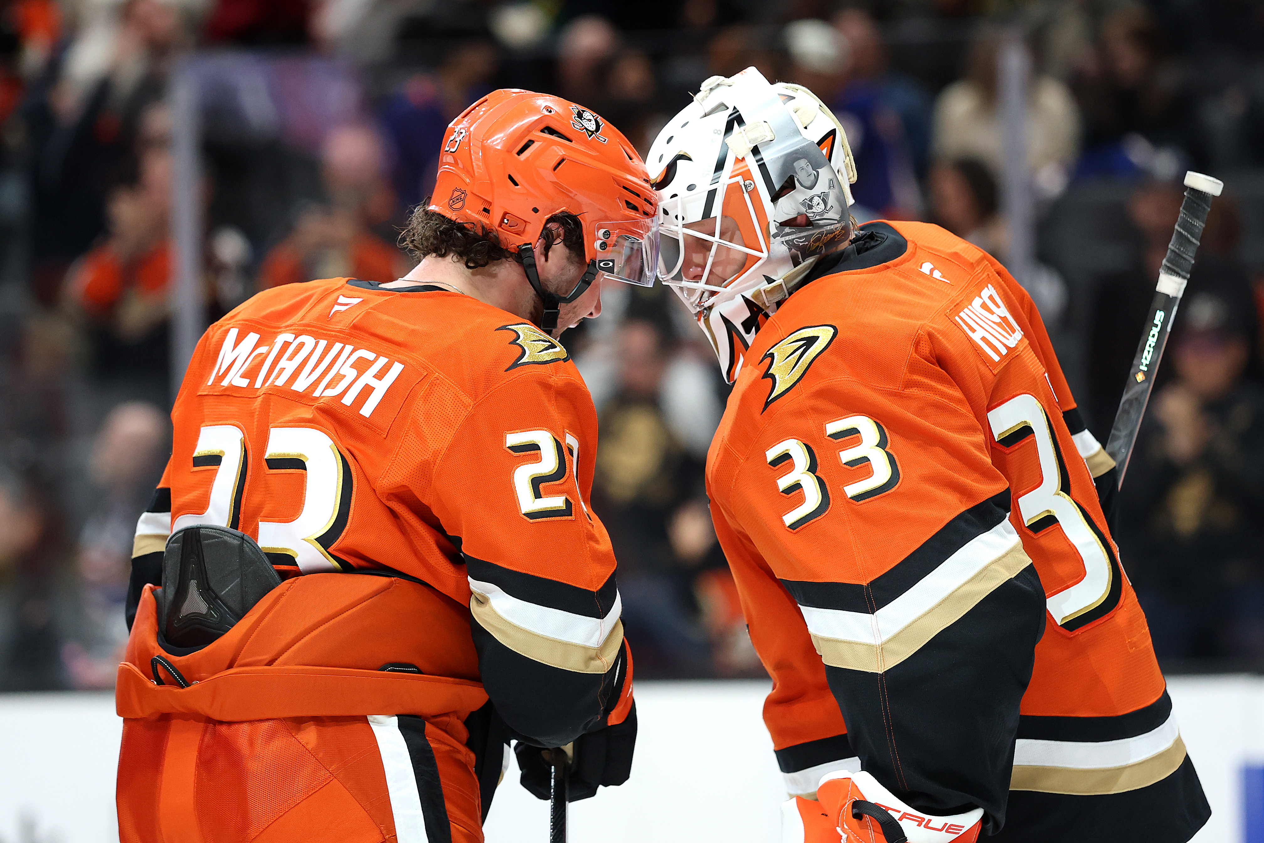 The Ducks’ Mason McTavish, left, and goaltender Ville Husso celebrate...