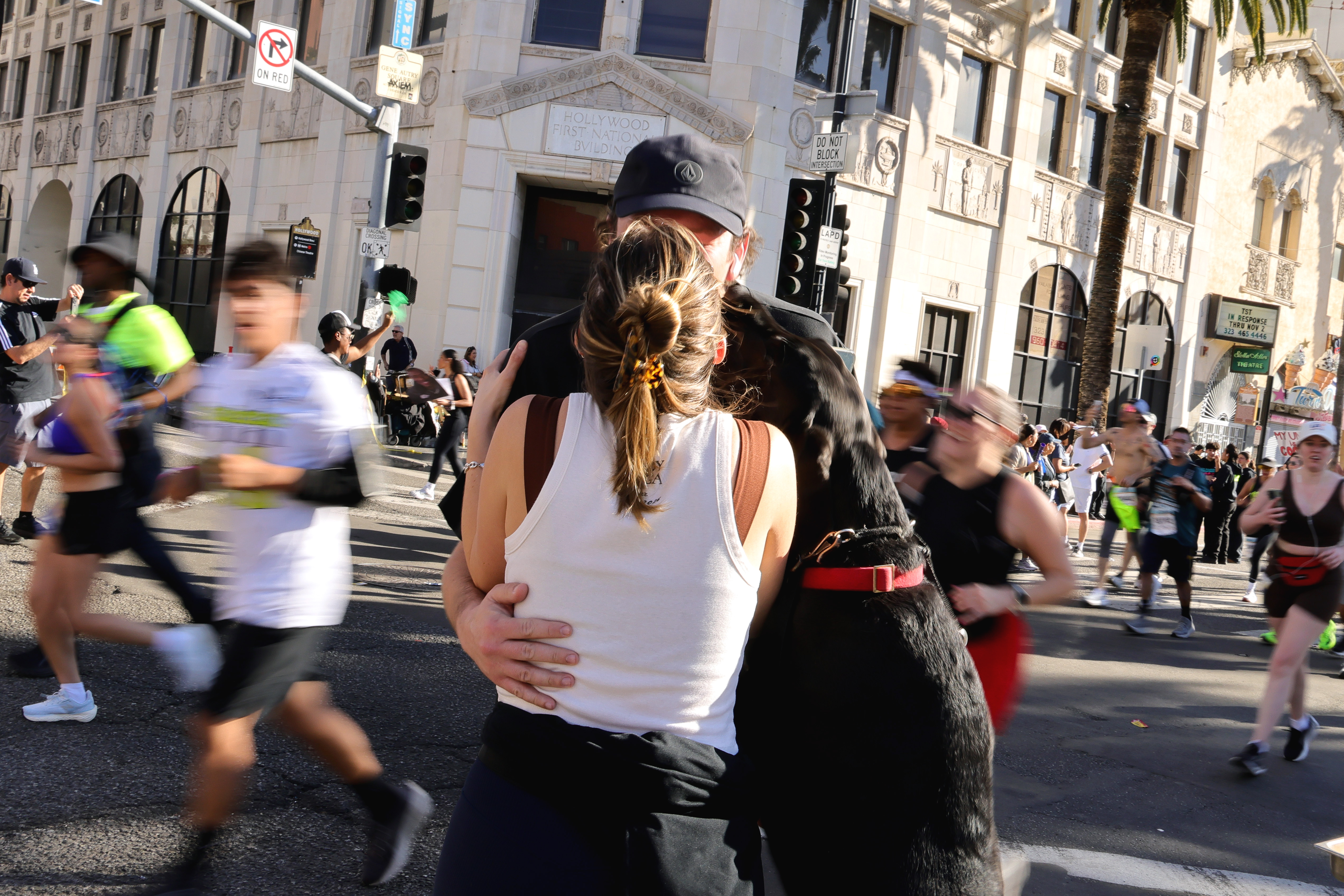 HOLLYWOOD, CALIFORNIA – MARCH 08: Individuals participate in the Los Angeles Marathon near an Oscars Red Carpet Experience held as a collaboration between The Academy Of Motion Picture Arts and Sciences and the Los Angeles Marathon on March 08, 2026 in Hollywood, California. (Photo by Savion Washington/Getty Images)