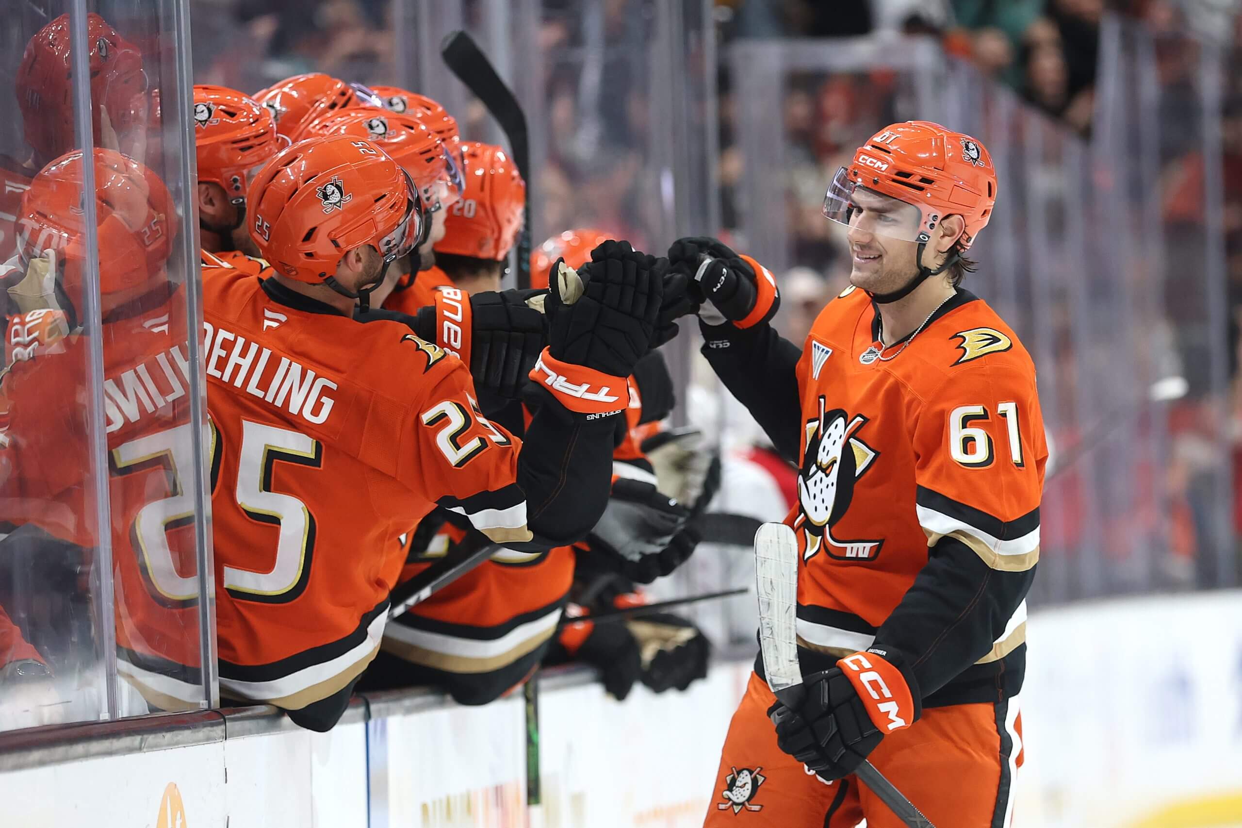 Cutter Gauthier makes his way down the Ducks fist-bump line.