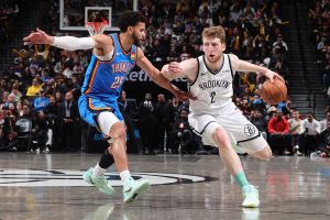 BROOKLYN, NY - MARCH 18: Danny Wolf #2 of the Brooklyn Nets dribbles the ball during the game against the Oklahoma City Thunder on March 18, 2026 at Barclays Center in Brooklyn, New York. NOTE TO USER: User expressly acknowledges and agrees that, by downloading and or using this Photograph, user is consenting to the terms and conditions of the Getty Images License Agreement. Mandatory Copyright Notice: Copyright 2026 NBAE (Photo by Nathaniel S. Butler/NBAE via Getty Images)