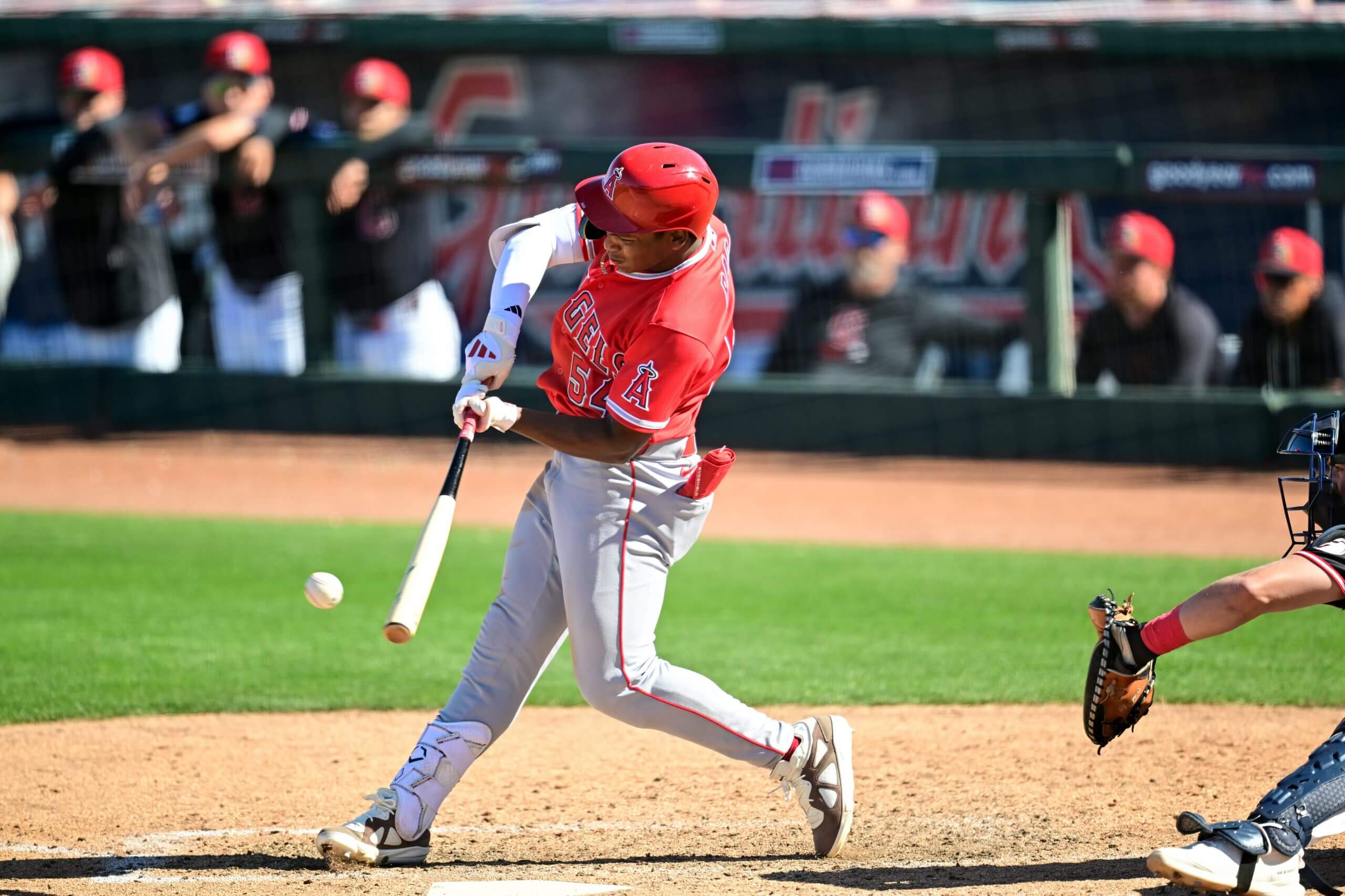GOODYEAR, ARIZONA - MARCH 06, 2026: Nelson Rada #54 of the Los Angeles Angels bats during the seventh inning of a spring training game against the Cleveland Guardians at Goodyear Ballpark on March 06, 2026 in Goodyear, Arizona.