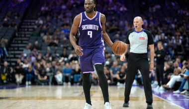 SACRAMENTO, CALIFORNIA - MARCH 15: Precious Achiuwa #9 of the Sacramento Kings dribbles the ball against the Utah Jazz in the second half of an NBA basketball game at Golden 1 Center on March 15, 2026 in Sacramento, California. NOTE TO USER: User expressly acknowledges and agrees that, by downloading and or using this photograph, User is consenting to the terms and conditions of the Getty Images License Agreement. (Photo by Thearon W. Henderson/Getty Images)
