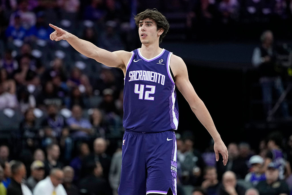 SACRAMENTO, CALIFORNIA - MARCH 15: Maxime Raynaud #42 of the Sacramento Kings looks on against the Utah Jazz in the second half of an NBA basketball game at Golden 1 Center on March 15, 2026 in Sacramento, California. NOTE TO USER: User expressly acknowledges and agrees that, by downloading and or using this photograph, User is consenting to the terms and conditions of the Getty Images License Agreement. (Photo by Thearon W. Henderson/Getty Images)