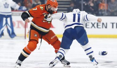 Radko Gudas, Max Domi fight early in first Leafs-Ducks game since Auston Matthews injury