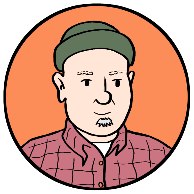 Cartoon illustration of a person wearing a green beanie and a red plaid shirt, shown inside an orange circle background.