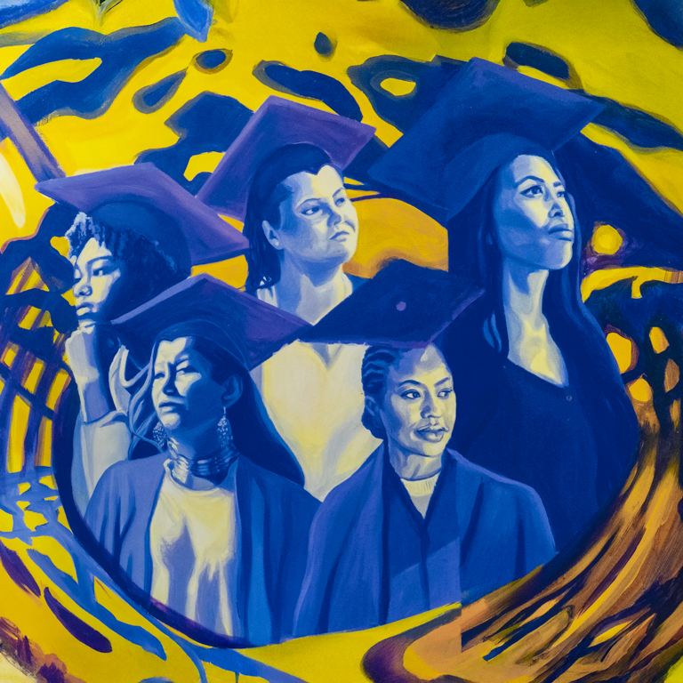 A close-up of the center image in the mural, showing five women wearing graduation caps, surrounded by the yellow and blue ripples. 