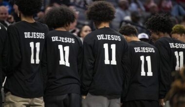 Christian Brothers boys basketball team wears jerseys honoring Jaden DeJesus-Eves while watching the CIF Sac-Joaquin Section Division II girls basketball championship at Golden 1 Center in Sacramento on Friday. DeJesus died earlier this week.