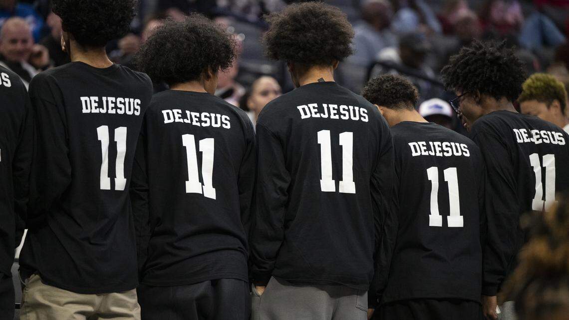 Christian Brothers boys basketball team wears jerseys honoring Jaden DeJesus-Eves while watching the CIF Sac-Joaquin Section Division II girls basketball championship at Golden 1 Center in Sacramento on Friday. DeJesus died earlier this week.