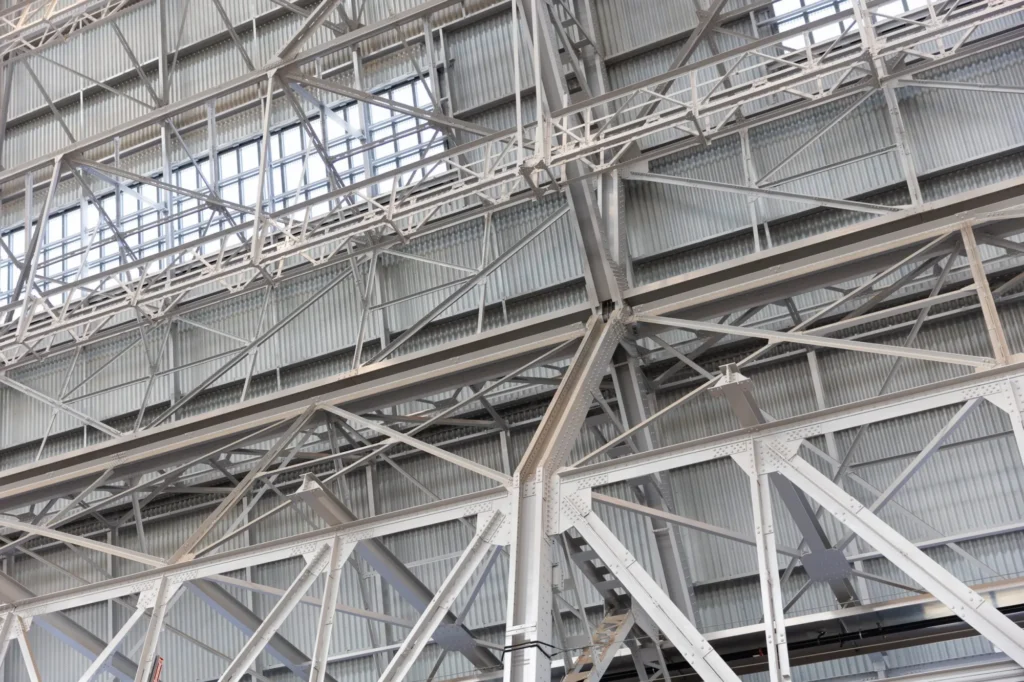 The interior of an airplane hangar in Mountain View, California