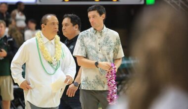 Hawaii Athletic Director Matt Elliott, middle, waited to greet Rainbow Warriors seniors with lei during traditional postgame ceremonies after UH lost to Long Beach State in the 2025-26 home finale Saturday.