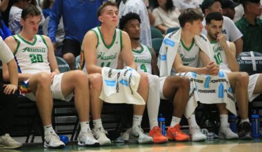 Hawaii basketball seniors, from left, Isaac Johnson, Harry Rouhliadeff, Dre Bullock, Gytis Nemeiksa and Yacine Toumi sat dejectedly in the final moments of Saturday's 2025-26 home finale against Long Beach State.