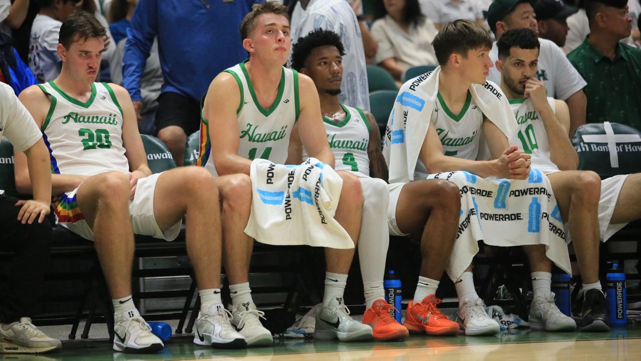Hawaii basketball seniors, from left, Isaac Johnson, Harry Rouhliadeff, Dre Bullock, Gytis Nemeiksa and Yacine Toumi sat dejectedly in the final moments of Saturday's 2025-26 home finale against Long Beach State.