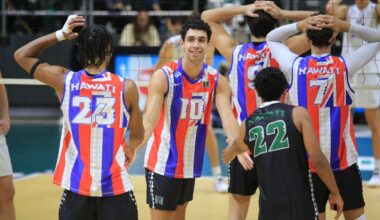 Hawaii opposite Kristian Titriyski, middle, seen against No. 1 UCLA at the Stan Sheriff Center last weekend. Titriyski returned to the Rainbow Warriors' starting lineup in two wins at Long Beach State on Friday and Saturday, a program first since 2015.