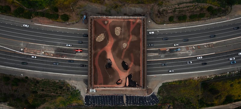 Drone shot of the Wallis Annenberg Wildlife Crossing. (Photo courtesy of Jan Hettich)