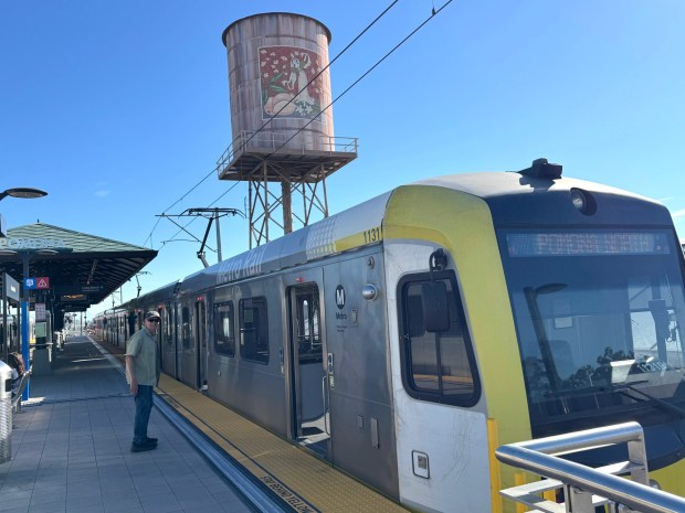 A Line light rail now runs between Pomona and Long Beach after the service was extended through Glendora, San Dimas, La Verne and Pomona last fall. Here a train awaits passengers on Monday morning at the Pomona North station. (Photo by David Allen, Inland Valley Daily Bulletin/SCNG)