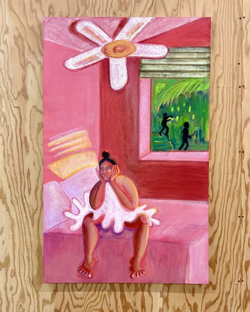 A painting of a woman sitting on a pink bed in a pink room, with a ceiling fan above and a window showing two silhouettes outside among green foliage.