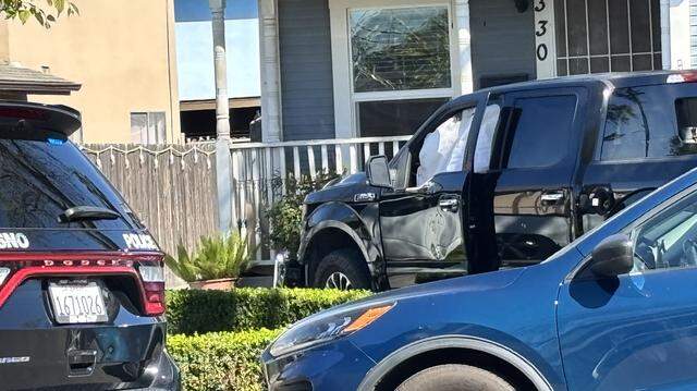 A truck crashed into a staircase leading to a home after a chase in Fresno, California on Sunday, March 8, 2026. A truck crashed into a staircase leading to a home after a chase in Fresno, California on Sunday, March 8, 2026.