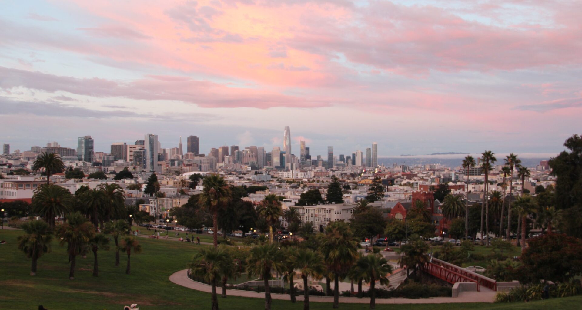 View of a city skyline with palm trees in the foreground, seen from a park at sunset. The sky is pink and orange.